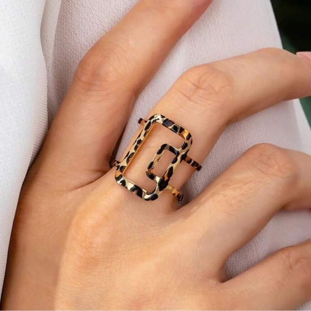 Leopard Print Gold Geometric Statement Ring
